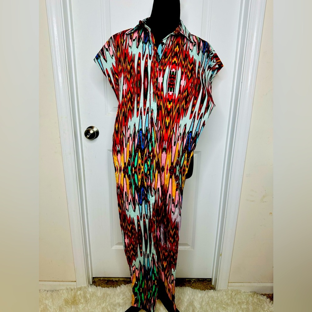 Women Sexy Multi Print Shirts Side Slit Print No Sleeve Button Down Blouse Tops
